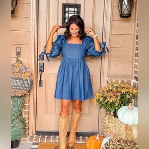 Papermoon Chambray Denim Square Neck Smocked Dress 3/4 Puff Sleeve NWT Medium
